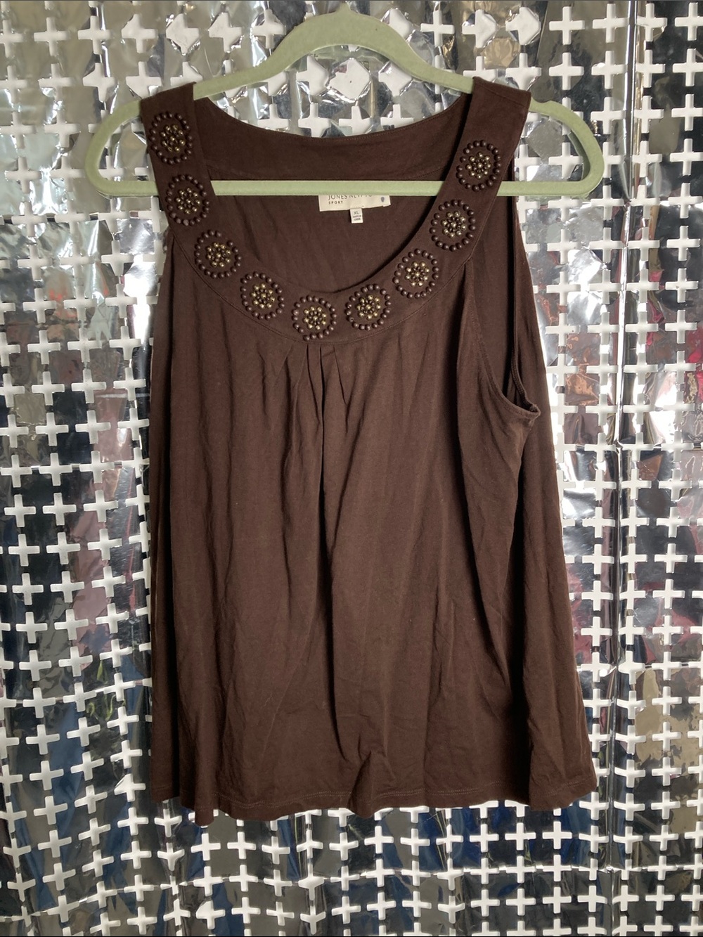 Jones New York Brown Beaded Scoop Neck Tank